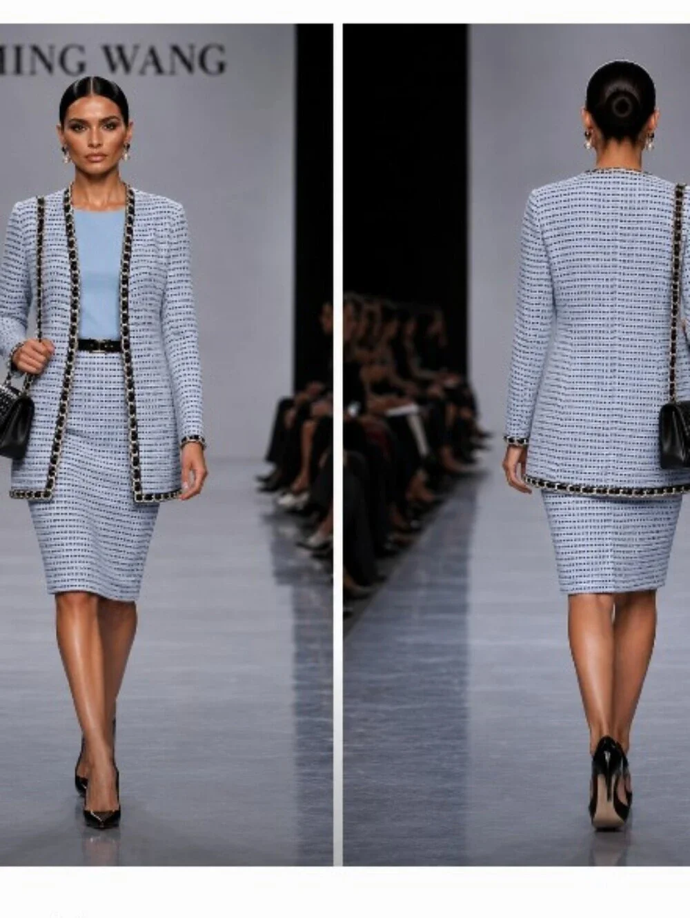 Ming Wang M-L 3 Pc Blue Black Knit Tweed Boucle Chain Light Weight Skirt Suit